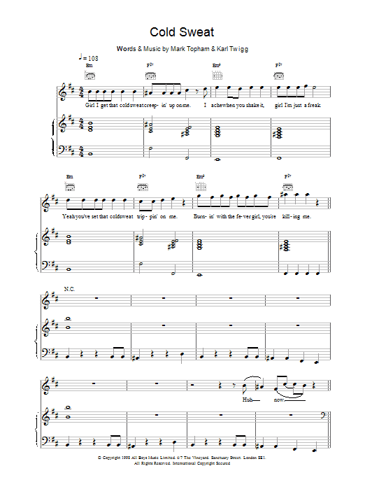 Preview Five Cold Sweat Pop sheet music, notes and chords for Piano, Vocal & Guitar, SKU: 17575 Cold Sweat sheet music