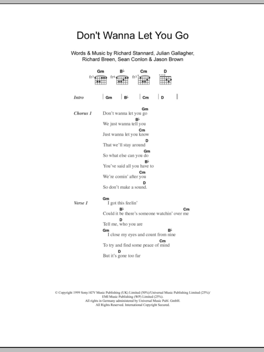 Five Don't Wanna Let You Go Sheet Music Notes & Chords for Lyrics & Chords - Download or Print PDF