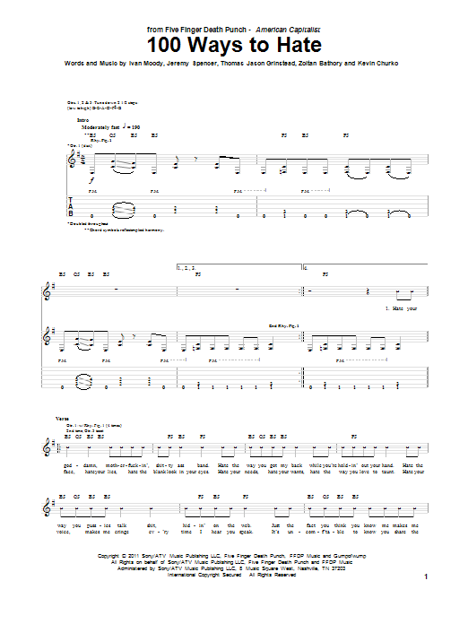 Five Finger Death Punch 100 Ways To Hate Sheet Music Notes & Chords for Guitar Tab - Download or Print PDF