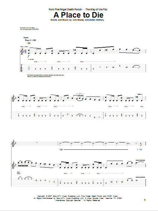 Five Finger Death Punch A Place To Die Sheet Music Notes & Chords for Guitar Tab - Download or Print PDF