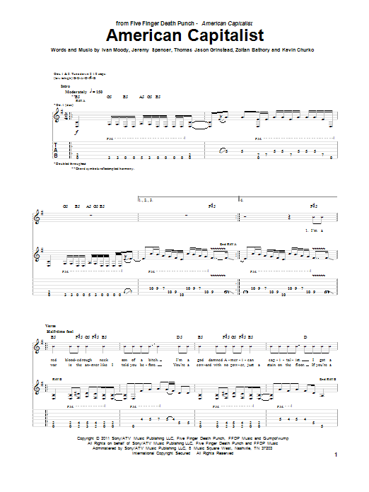Five Finger Death Punch American Capitalist Sheet Music Notes & Chords for Guitar Tab - Download or Print PDF