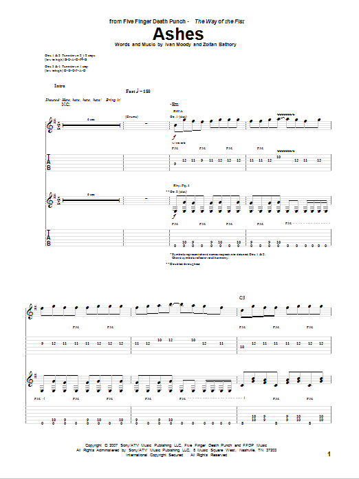 Five Finger Death Punch Ashes Sheet Music Notes & Chords for Guitar Tab - Download or Print PDF