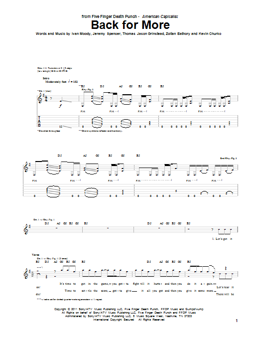 Five Finger Death Punch Back For More Sheet Music Notes & Chords for Guitar Tab - Download or Print PDF