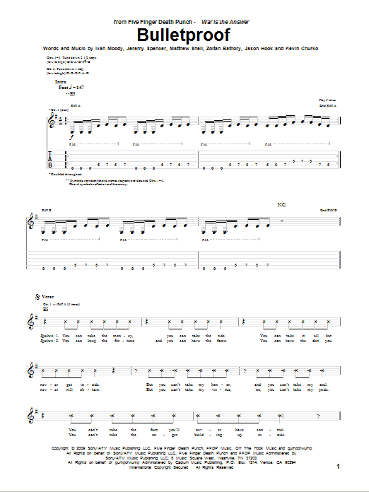 Five Finger Death Punch Bulletproof Sheet Music Notes & Chords for Guitar Tab - Download or Print PDF