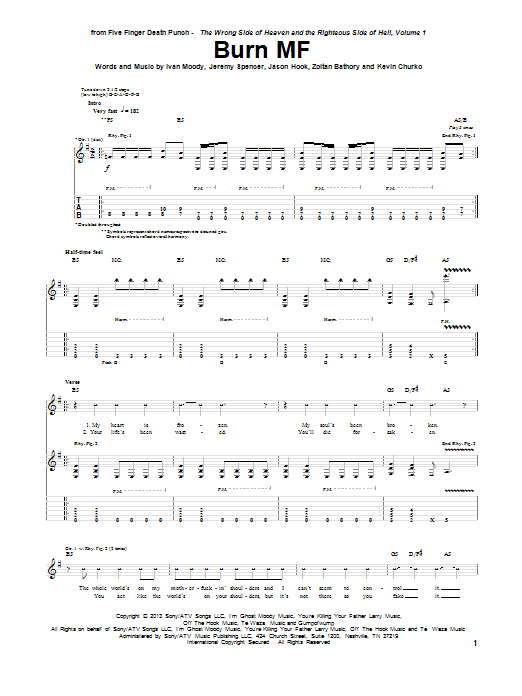 Five Finger Death Punch Burn MF Sheet Music Notes & Chords for Guitar Tab - Download or Print PDF
