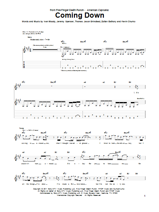 Five Finger Death Punch Coming Down Sheet Music Notes & Chords for Guitar Tab - Download or Print PDF
