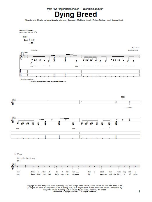 Five Finger Death Punch Dying Breed Sheet Music Notes & Chords for Guitar Tab - Download or Print PDF