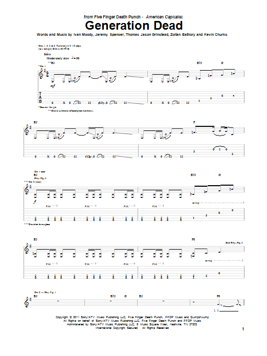 Five Finger Death Punch Generation Dead Sheet Music Notes & Chords for Guitar Tab - Download or Print PDF