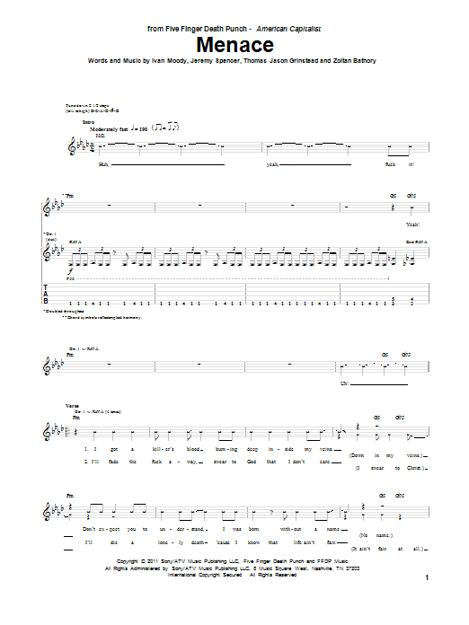 Five Finger Death Punch Menace Sheet Music Notes & Chords for Guitar Tab - Download or Print PDF