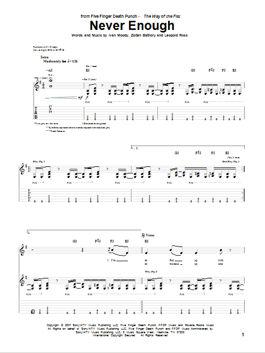 Five Finger Death Punch Never Enough Sheet Music Notes & Chords for Guitar Tab - Download or Print PDF