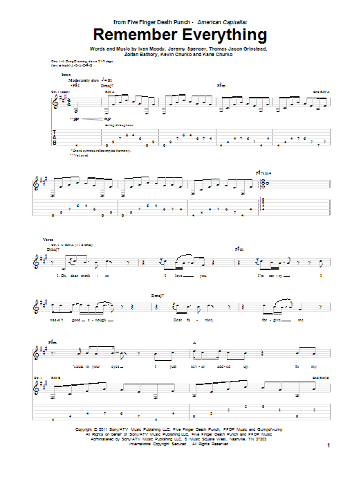 Five Finger Death Punch Remember Everything Sheet Music Notes & Chords for Guitar Tab - Download or Print PDF