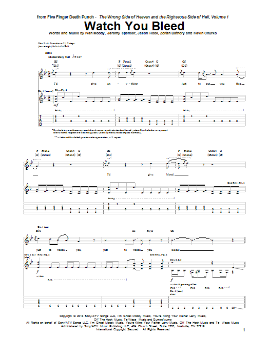 Five Finger Death Punch Watch You Bleed Sheet Music Notes & Chords for Guitar Tab - Download or Print PDF