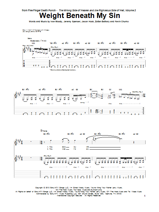 Five Finger Death Punch Weight Beneath My Sin Sheet Music Notes & Chords for Guitar Tab - Download or Print PDF