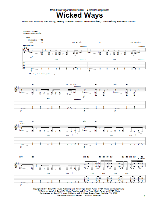 Five Finger Death Punch Wicked Ways Sheet Music Notes & Chords for Guitar Tab - Download or Print PDF