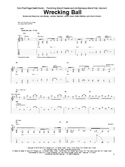 Five Finger Death Punch Wrecking Ball Sheet Music Notes & Chords for Guitar Tab - Download or Print PDF