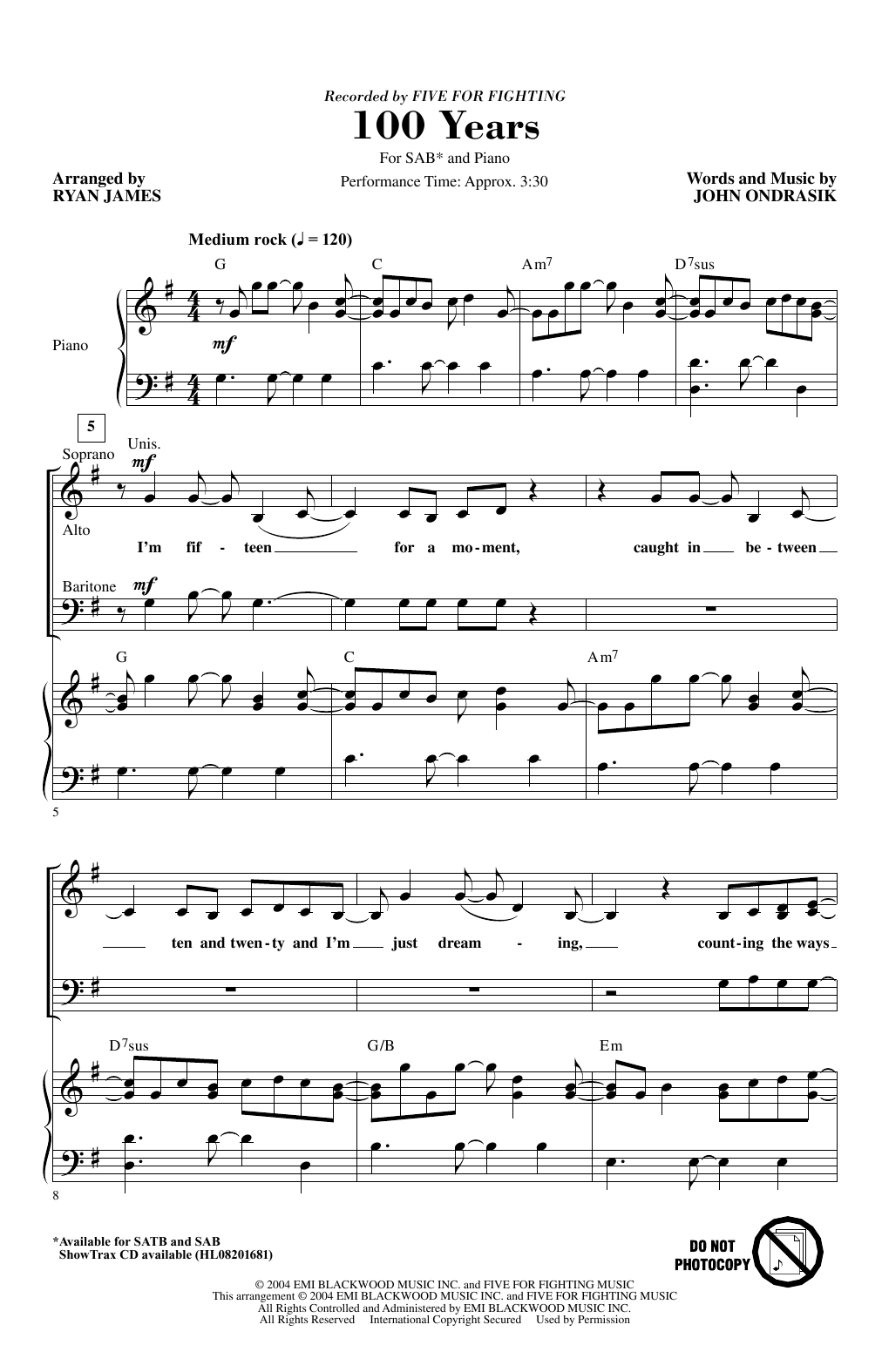 Five For Fighting 100 Years (arr. Ryan James) Sheet Music Notes & Chords for SAB Choir - Download or Print PDF