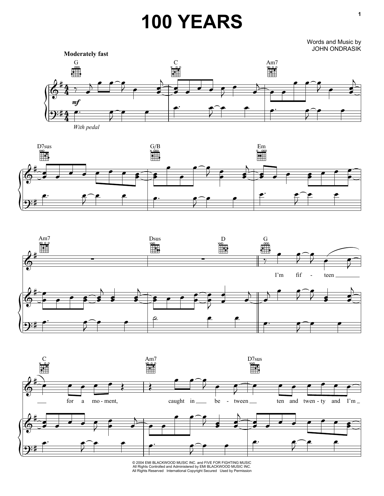 Five For Fighting 100 Years Sheet Music Notes & Chords for Piano - Download or Print PDF