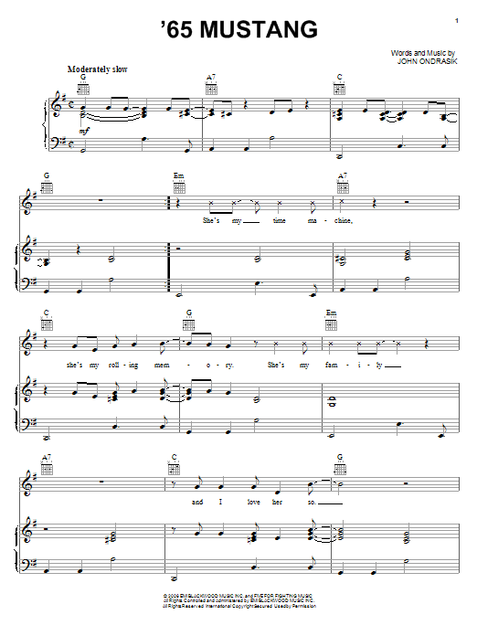 Five For Fighting '65 Mustang Sheet Music Notes & Chords for Piano, Vocal & Guitar (Right-Hand Melody) - Download or Print PDF