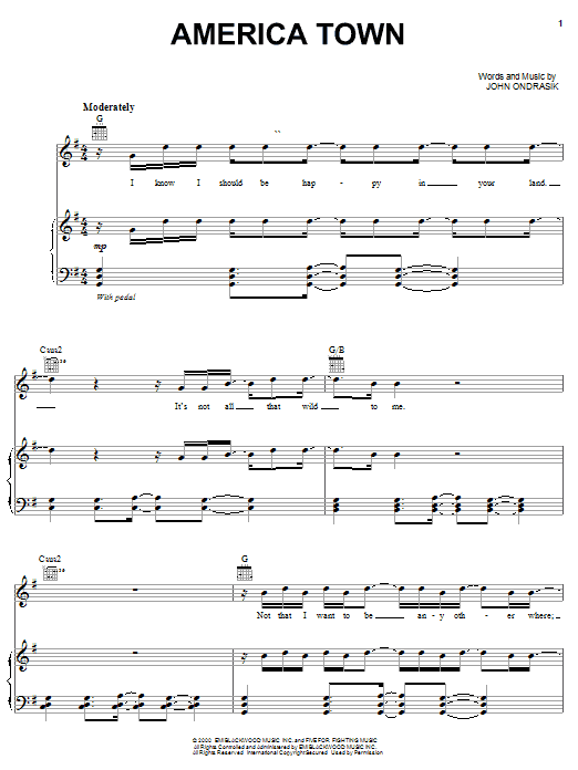 Five For Fighting America Town Sheet Music Notes & Chords for Piano, Vocal & Guitar (Right-Hand Melody) - Download or Print PDF