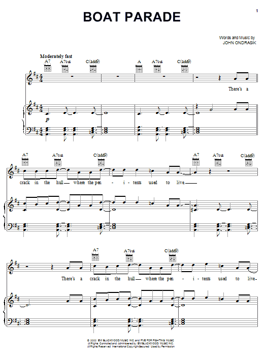 Five For Fighting Boat Parade Sheet Music Notes & Chords for Piano, Vocal & Guitar (Right-Hand Melody) - Download or Print PDF