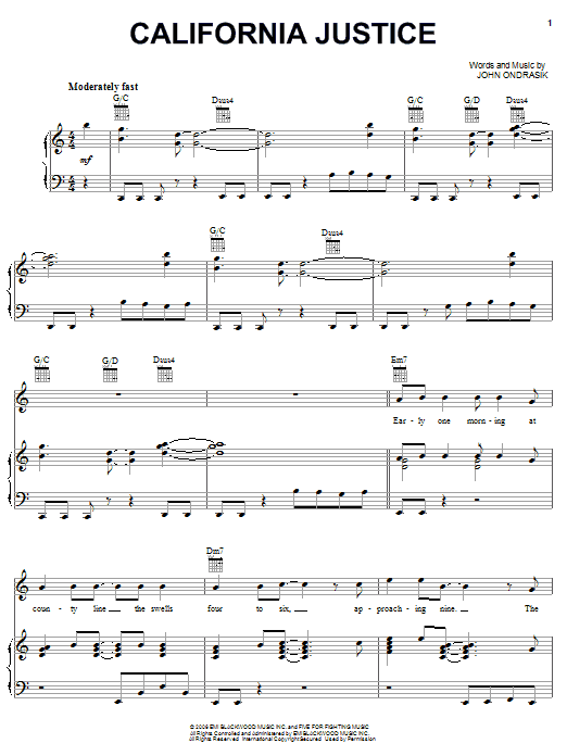 Five For Fighting California Justice Sheet Music Notes & Chords for Piano, Vocal & Guitar (Right-Hand Melody) - Download or Print PDF