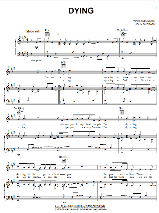 Five For Fighting Dying Sheet Music Notes & Chords for Piano, Vocal & Guitar (Right-Hand Melody) - Download or Print PDF