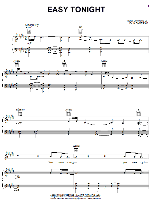 Five For Fighting Easy Tonight Sheet Music Notes & Chords for Piano, Vocal & Guitar (Right-Hand Melody) - Download or Print PDF