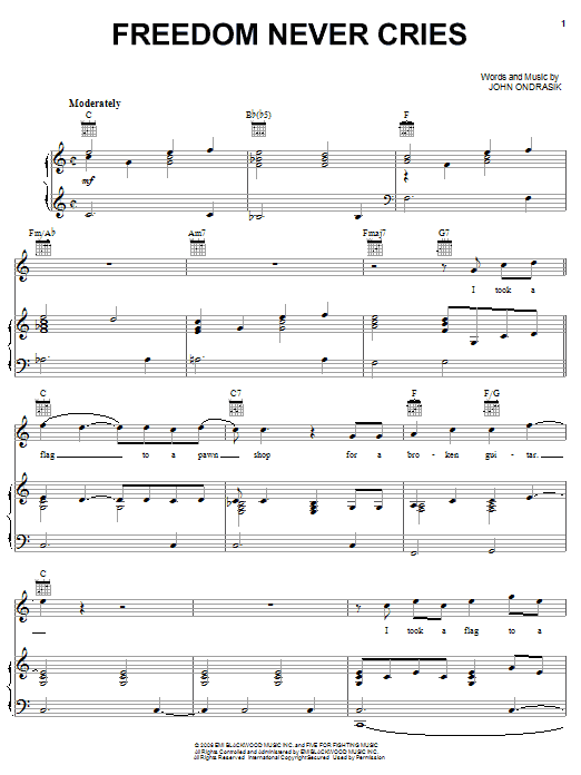 Five For Fighting Freedom Never Cries Sheet Music Notes & Chords for Piano, Vocal & Guitar (Right-Hand Melody) - Download or Print PDF