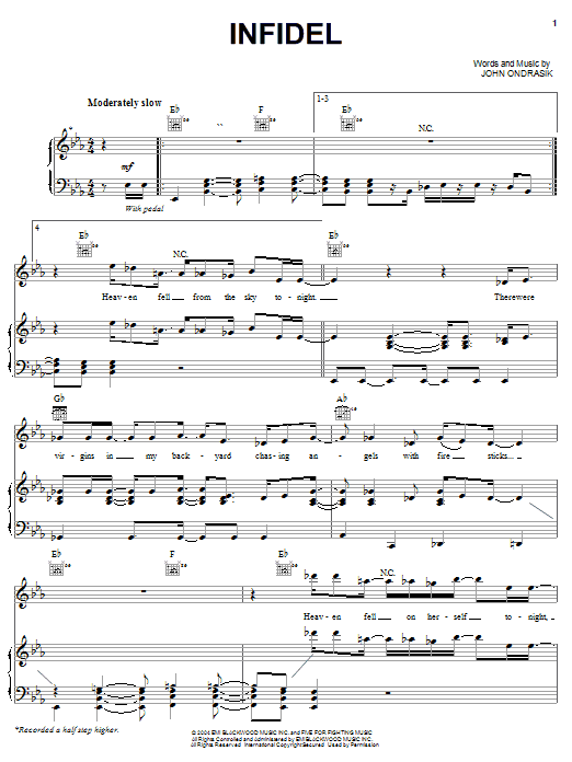 Five For Fighting Infidel Sheet Music Notes & Chords for Piano, Vocal & Guitar (Right-Hand Melody) - Download or Print PDF