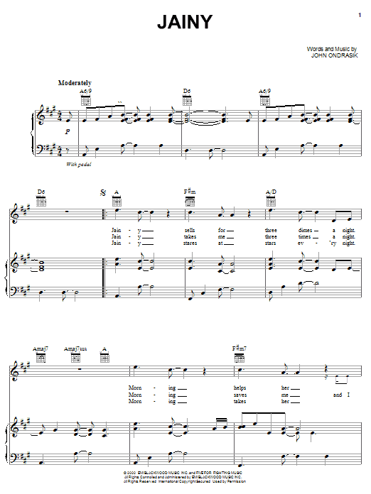 Five For Fighting Jainy Sheet Music Notes & Chords for Piano, Vocal & Guitar (Right-Hand Melody) - Download or Print PDF