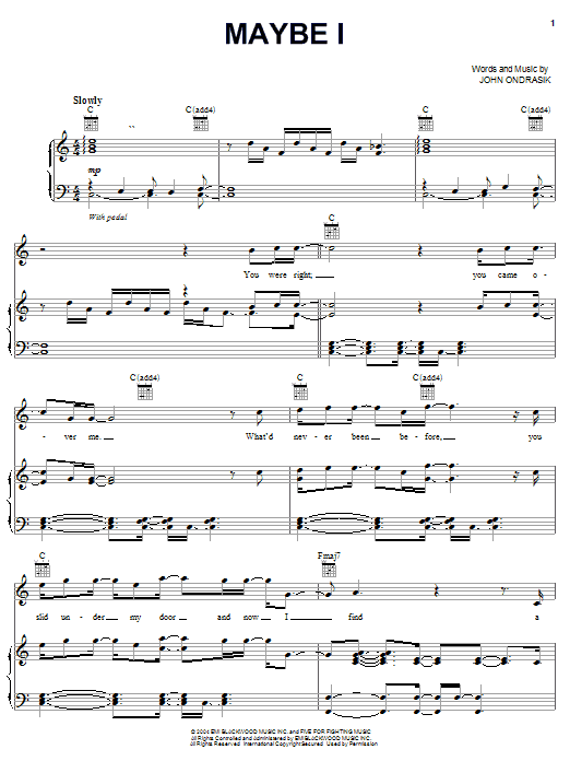 Five For Fighting Maybe I Sheet Music Notes & Chords for Piano, Vocal & Guitar (Right-Hand Melody) - Download or Print PDF