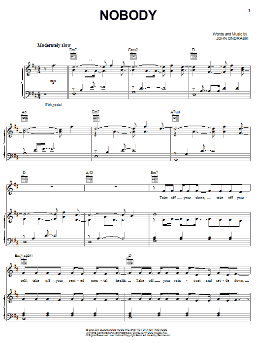 Five For Fighting Nobody Sheet Music Notes & Chords for Piano, Vocal & Guitar (Right-Hand Melody) - Download or Print PDF Five For Fighting Nobody Sheet Music Notes & Chords for Piano, Vocal & Guitar (Right-Hand Melody) - Download or Print PDF
