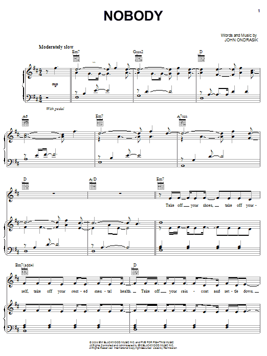 Five For Fighting Nobody Sheet Music Notes & Chords for Piano, Vocal & Guitar (Right-Hand Melody) - Download or Print PDF