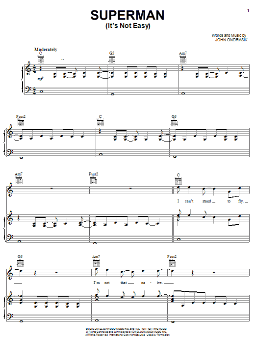 Five For Fighting Superman (It's Not Easy) Sheet Music Notes & Chords for Piano, Vocal & Guitar (Right-Hand Melody) - Download or Print PDF