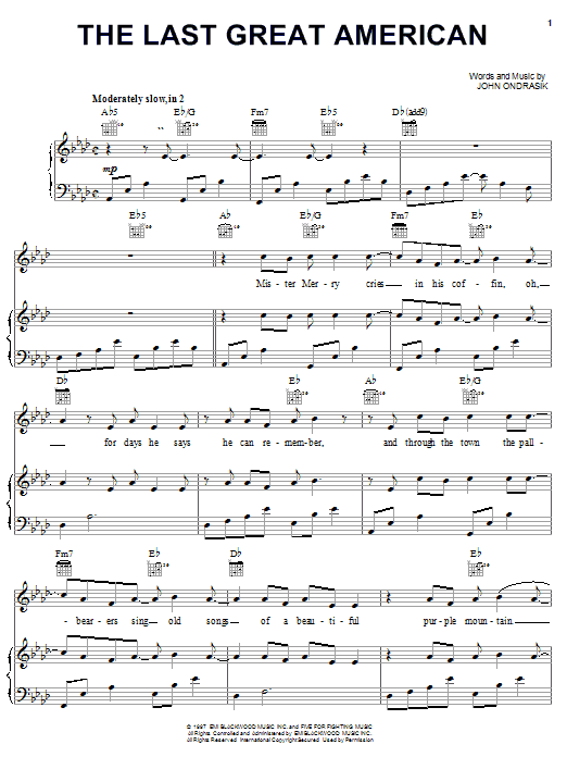 Five For Fighting The Last Great American Sheet Music Notes & Chords for Piano, Vocal & Guitar (Right-Hand Melody) - Download or Print PDF