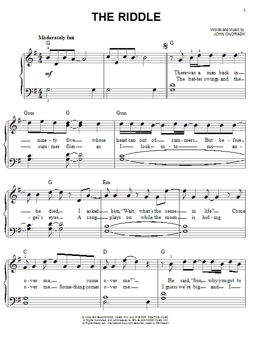 Five For Fighting The Riddle Sheet Music Notes & Chords for Piano (Big Notes) - Download or Print PDF