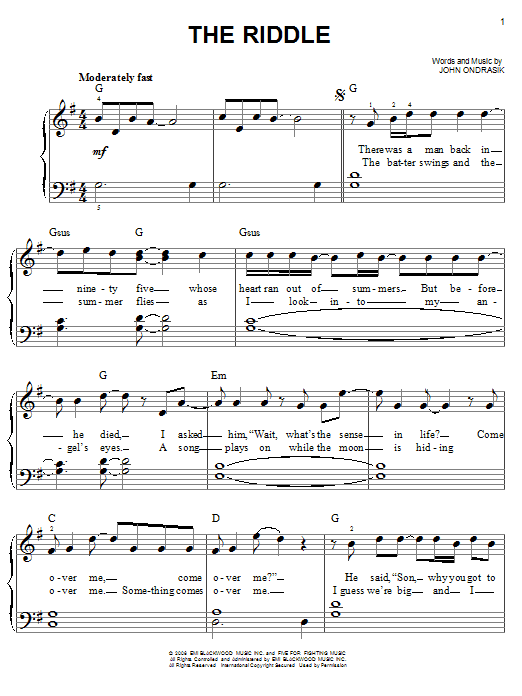 Five For Fighting The Riddle Sheet Music Notes & Chords for Easy Piano - Download or Print PDF