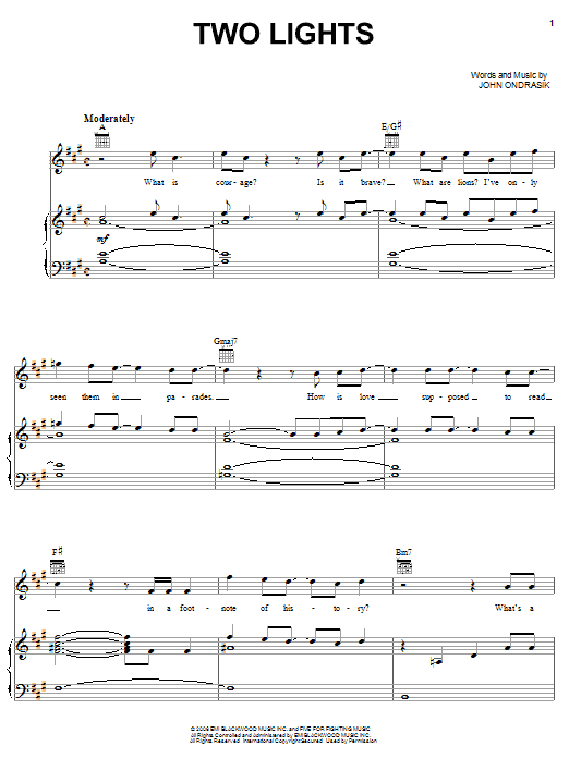 Five For Fighting Two Lights Sheet Music Notes & Chords for Piano, Vocal & Guitar (Right-Hand Melody) - Download or Print PDF