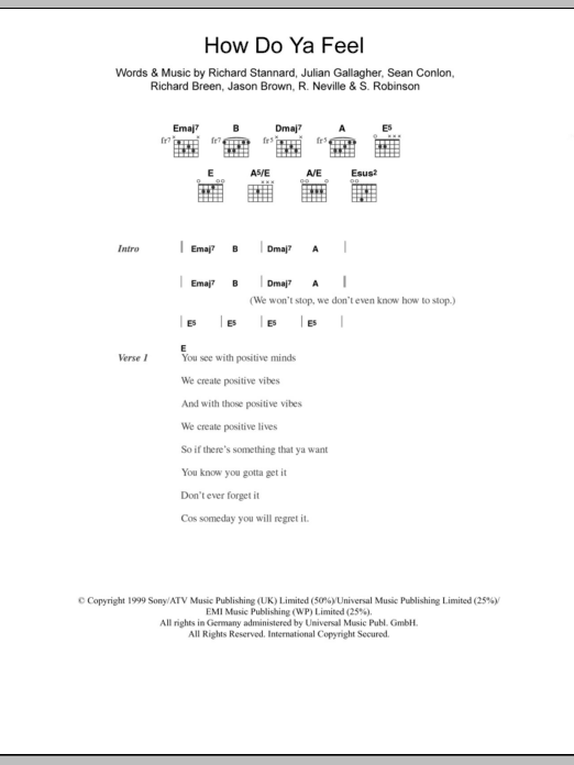 Five How Do Ya Feel Sheet Music Notes & Chords for Lyrics & Chords - Download or Print PDF