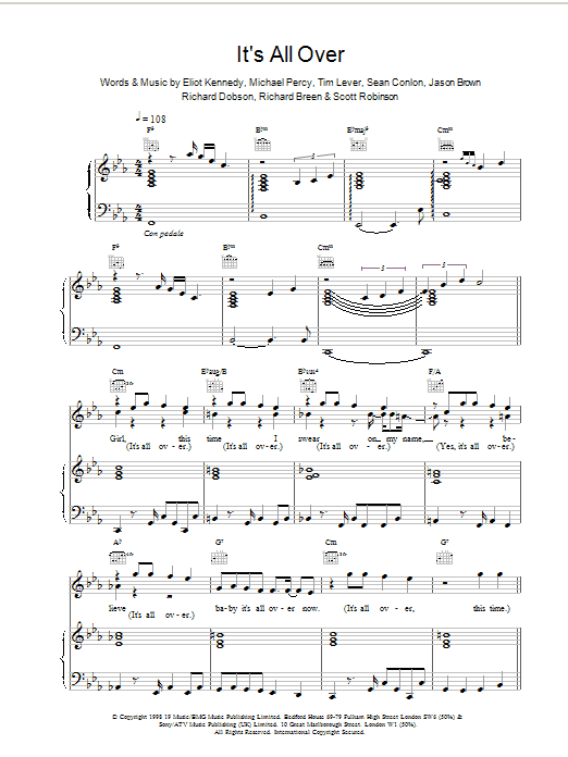 Preview Five Its All Over Pop sheet music, notes and chords for Piano, Vocal & Guitar, SKU: 17577 Its All Over sheet music