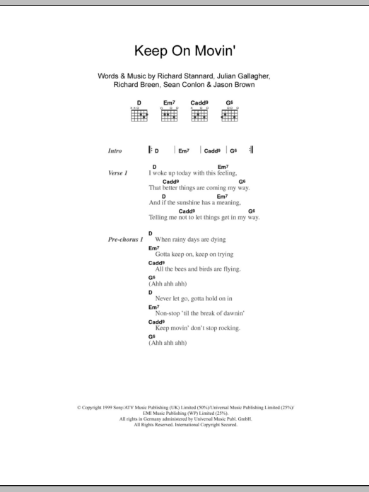 Five Keep On Movin' Sheet Music Notes & Chords for Lyrics & Chords - Download or Print PDF