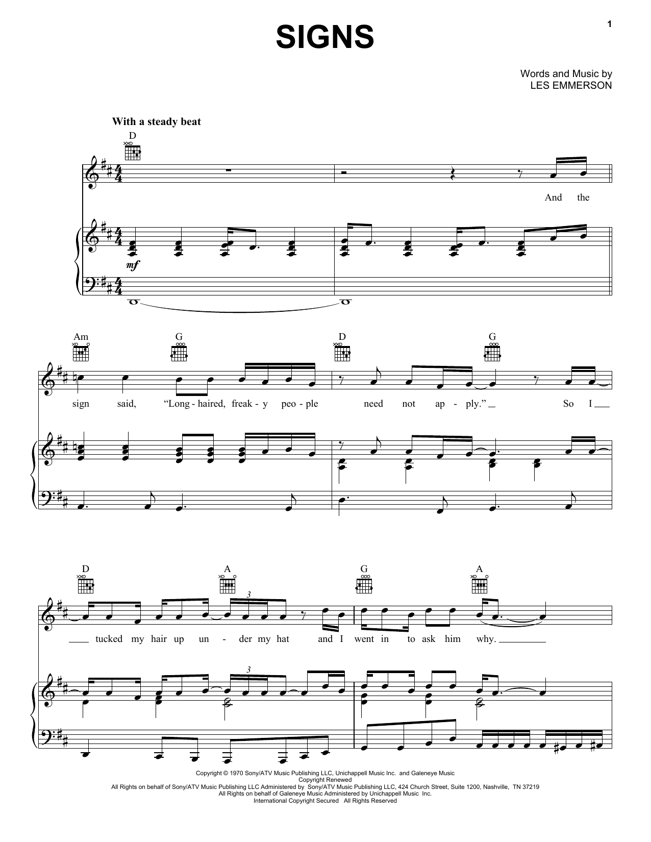 Five Man Electrical Band Signs Sheet Music Notes & Chords for Piano, Vocal & Guitar (Right-Hand Melody) - Download or Print PDF