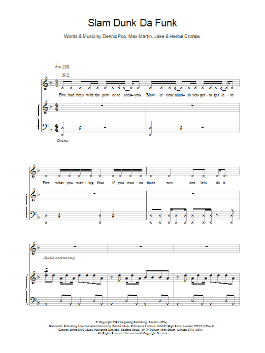 Preview Five Slam Dunk Da Funk Pop sheet music, notes and chords for Piano, Vocal & Guitar, SKU: 17583 Slam Dunk Da Funk sheet music