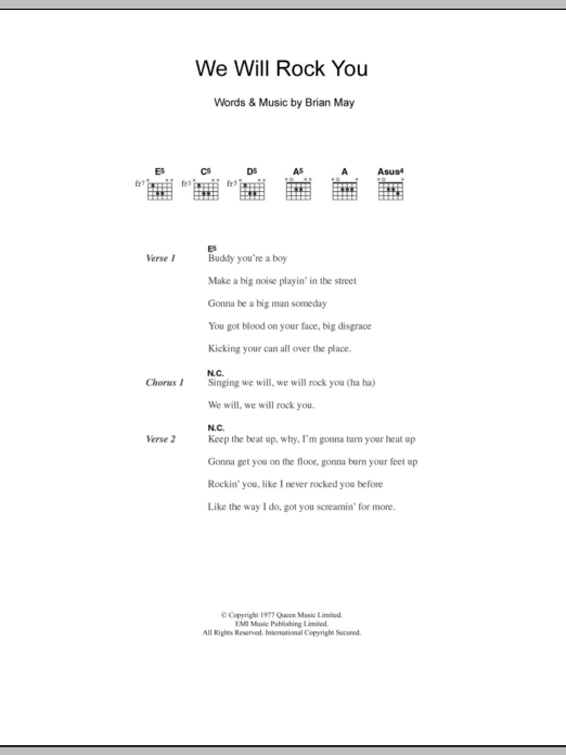 Five We Will Rock You Sheet Music Notes & Chords for Lyrics & Chords - Download or Print PDF Five We Will Rock You Sheet Music Notes & Chords for Lyrics & Chords - Download or Print PDF