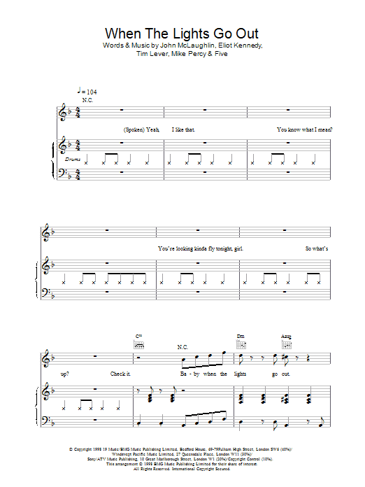 Five When The Lights Go Out Sheet Music Notes & Chords for Piano, Vocal & Guitar - Download or Print PDF