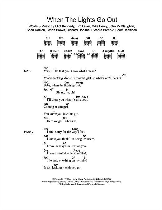 Preview Five When The Lights Go Out Pop sheet music, notes and chords for Piano, Vocal & Guitar, SKU: 18591 sheet music, piano notes, chords, guitar tabs, score, transpose, transcribe, how to play, guide, download, learn, tutorial, progression, song, artist, awards, billboard, mtv, vh1, tour, single, album, release