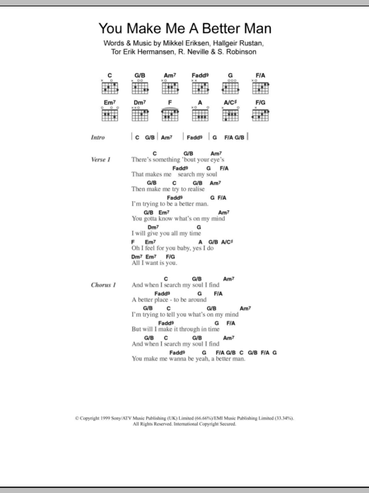 Five You Make Me A Better Man Sheet Music Notes & Chords for Lyrics & Chords - Download or Print PDF