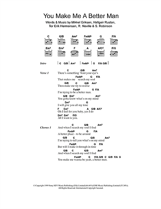 Five You Make Me A Better Man Sheet Music Notes & Chords for Lyrics & Chords - Download or Print PDF