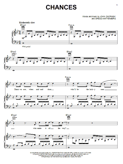 Preview Five For Fighting Chances Rock sheet music, notes and chords for Piano, Vocal & Guitar (Right-Hand Melody), SKU: 72093 Chances sheet music