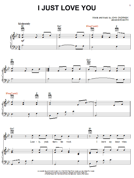Preview Five For Fighting I Just Love You Pop sheet music, notes and chords for Piano, Vocal & Guitar (Right-Hand Melody), SKU: 58642 I Just Love You sheet music